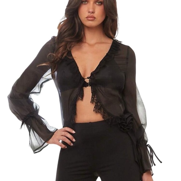 Black Sheer Black Ruffle Boho Blouse Long Sleeve M. - Picture 1 of 10